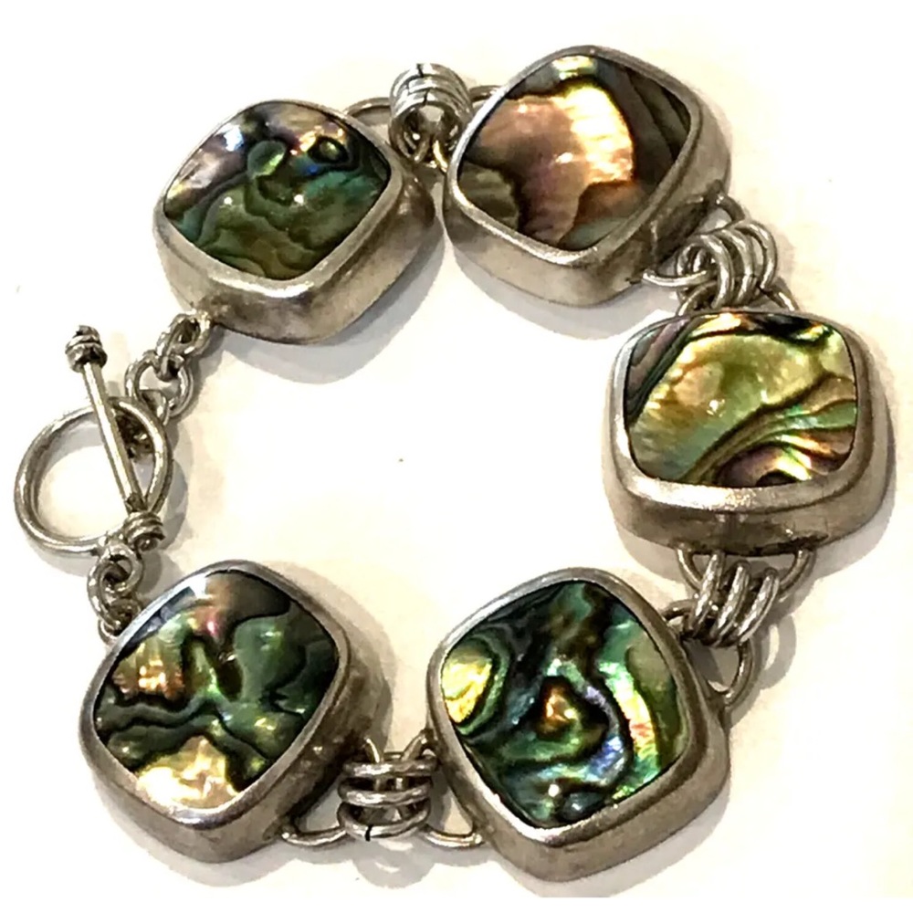 Vintage X Large Mexican Sterling Silver Bracelet Abalone 59 Grams 7.5”L Jewelry